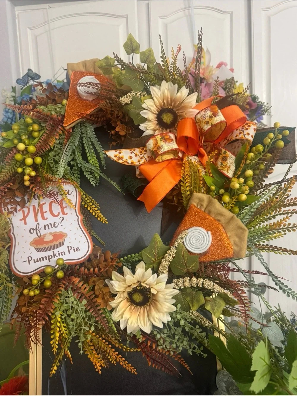 Fall Pumpkin Pie Wreath with Sunflowers and Orange Bow
